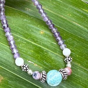 Coin Larimar, Amethyst, Peruvian Pink Opal, Ruby Bracelet Sterling Silver